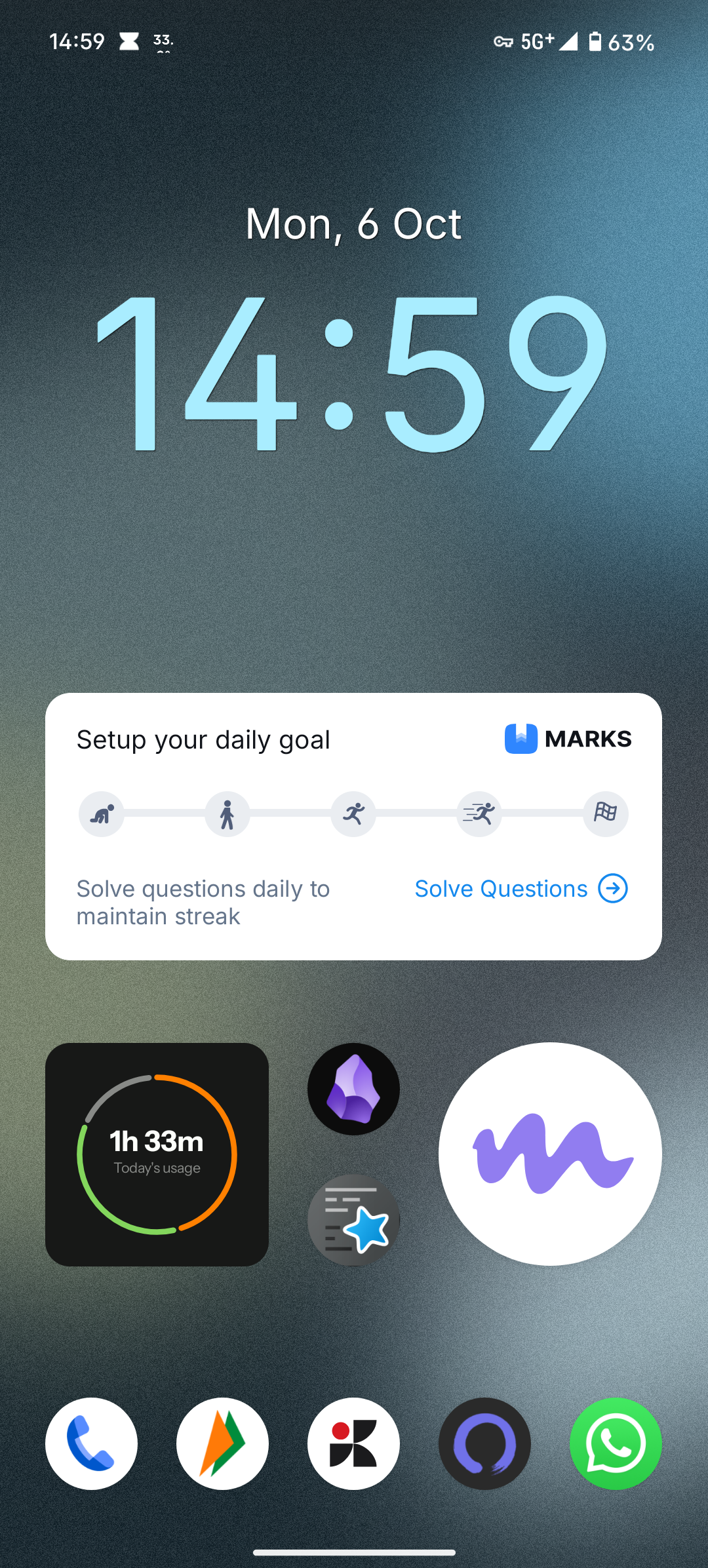 {Home screen with digital clock, JEE mains preparation tracker, screentime tracker, few apps with meditation app enlarged}